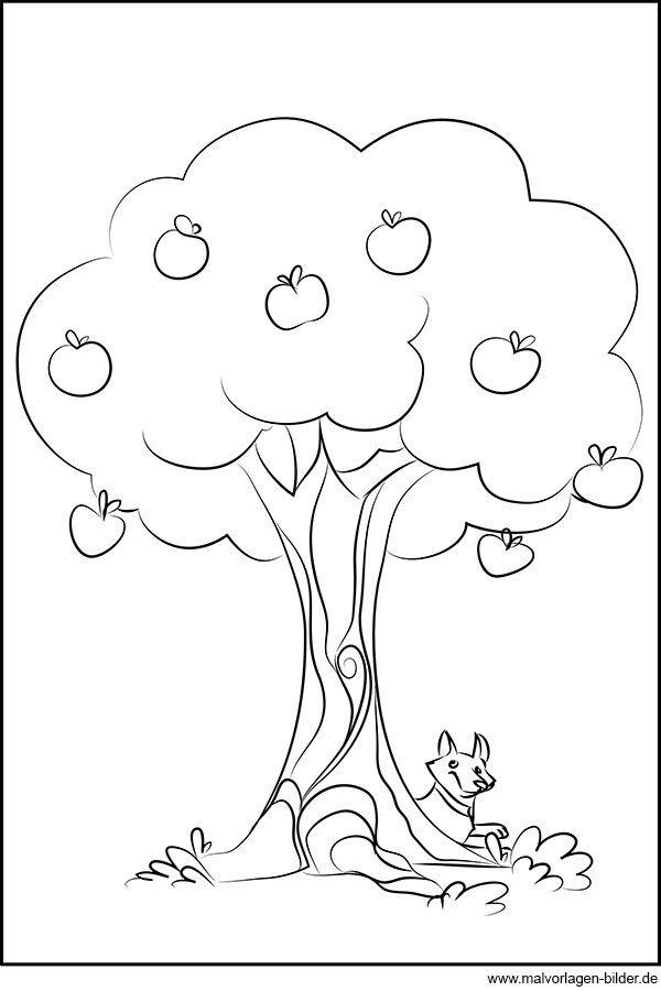 Ausmalbild mit einem Apfelbaum und vielen Äpfeln
