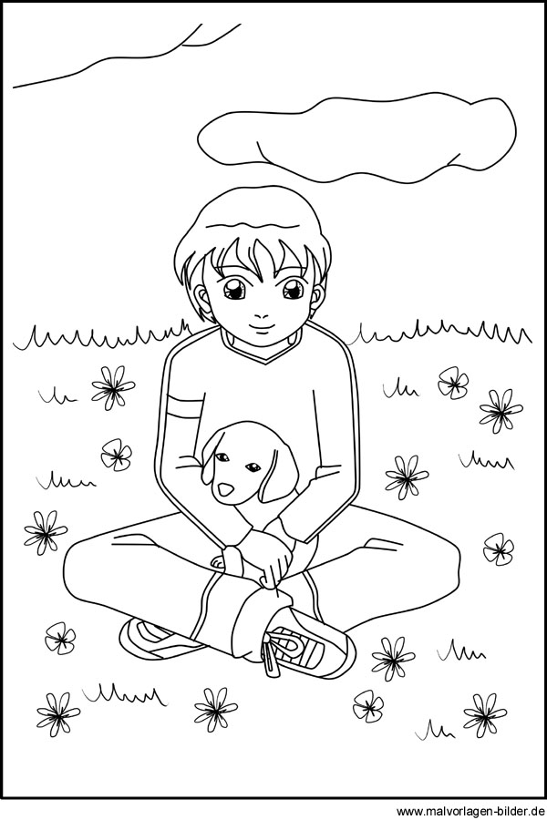 Malvorlagen - Junge mit seinem Hund