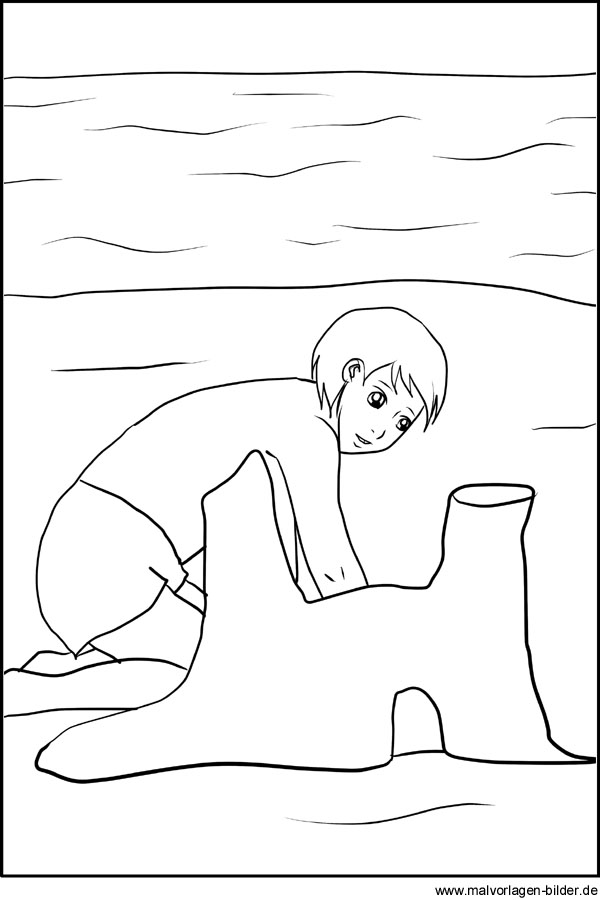 Malvorlage Sommer - Kind spielt am Strand und baut eine Sandburg