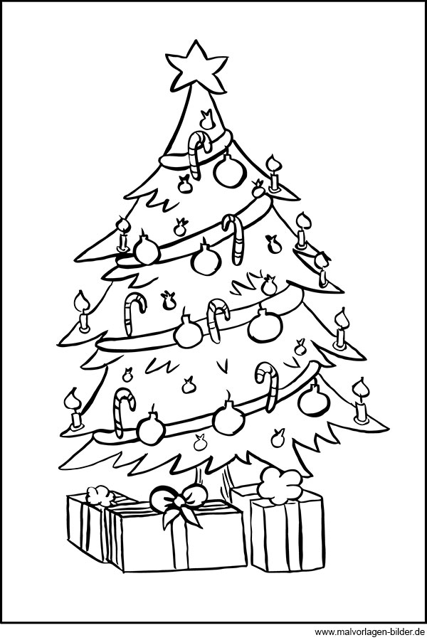 gratis Ausmalbild Weihnachtsbaum mit Geschenke
