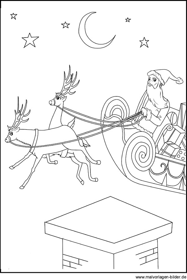 Malvorlag und Ausmalbild vom Weihnachtsmann mit seinem Schlitten und zwei Rentierer
