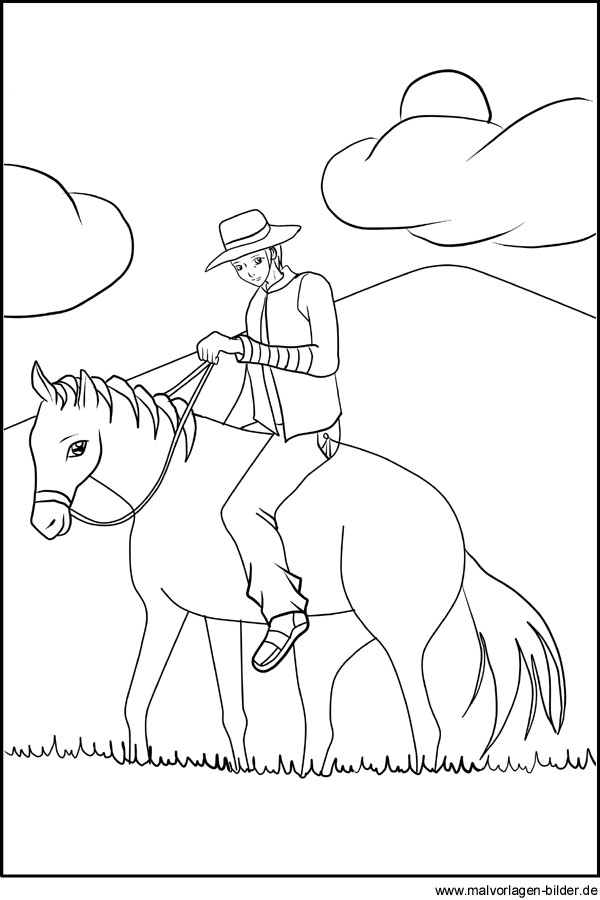 Ausmalbild - Cowboy auf seinem Pferd