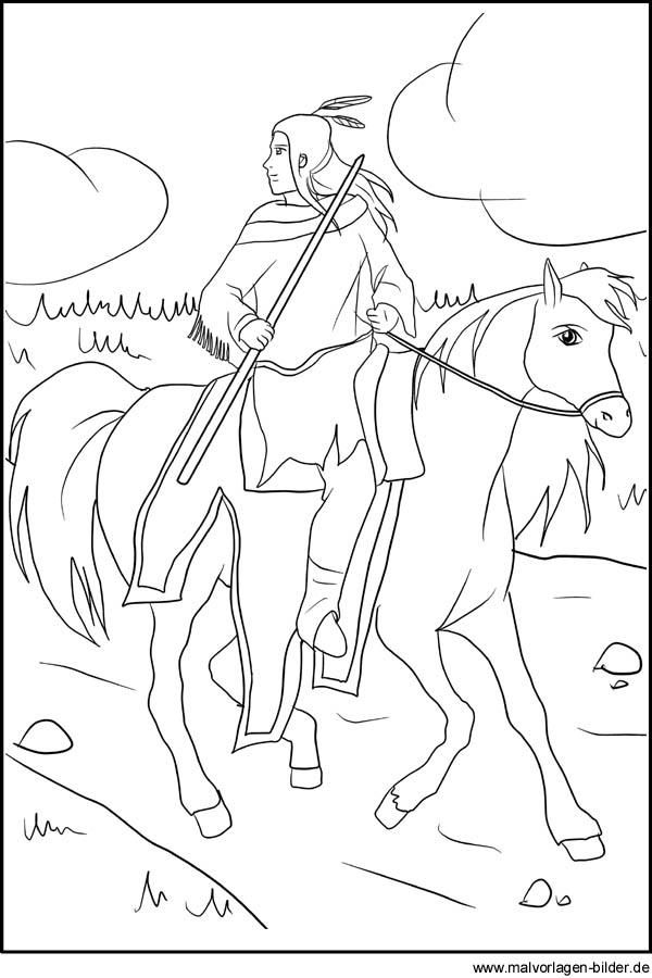 Ausmalbild - Indianer reitet auf seinem Pferd durch den Wilden Westen